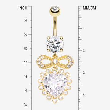 Detail View 1 of Golden Bubbly Heart Sparkle Bow-Tie Dangle Belly Button Ring-Clear Gem